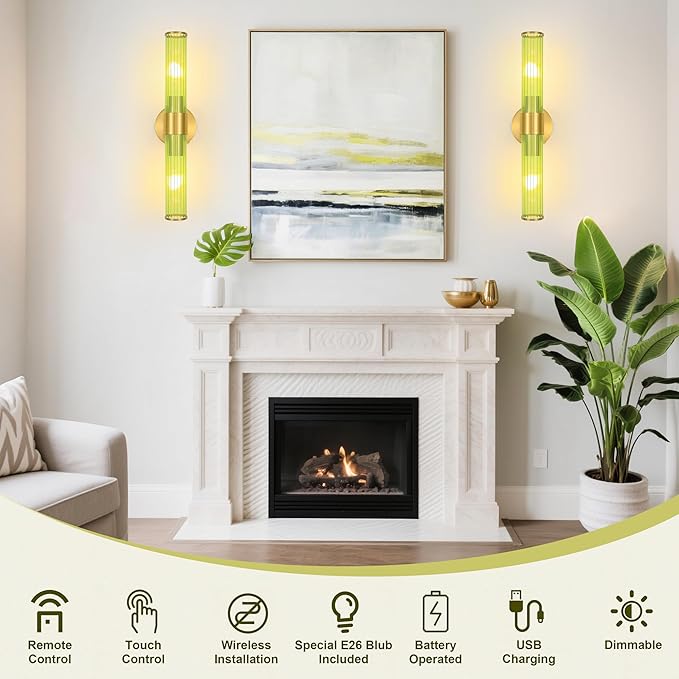 Gold Battery Operated Wall Sconces Set of 2, Rechargeable Wall Lights with Remote Control, 20 Inch Modern Wireless Wall Lamp for Bedroom, Living Room with Green Shade (Bulbs Included) - Bloomnest