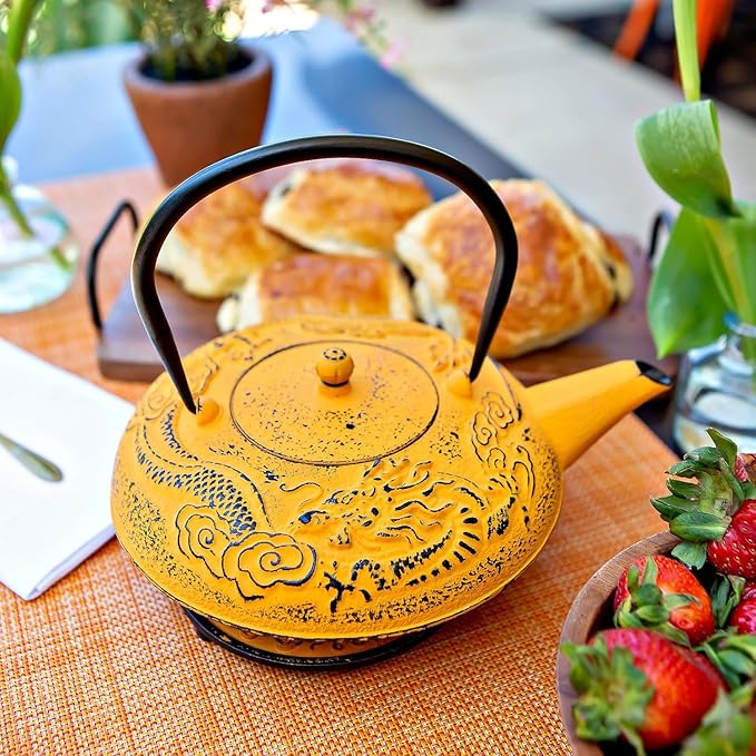 Large Cast Iron Tea Kettle Set - 40oz/1200ml Japanese Teapot with Infuser & Matching Trivet - Tetsubin Iron Tea Pot Japanese Style with Enamel Interior - Handcrafted Dragon Teapot Humidifier - Yellow