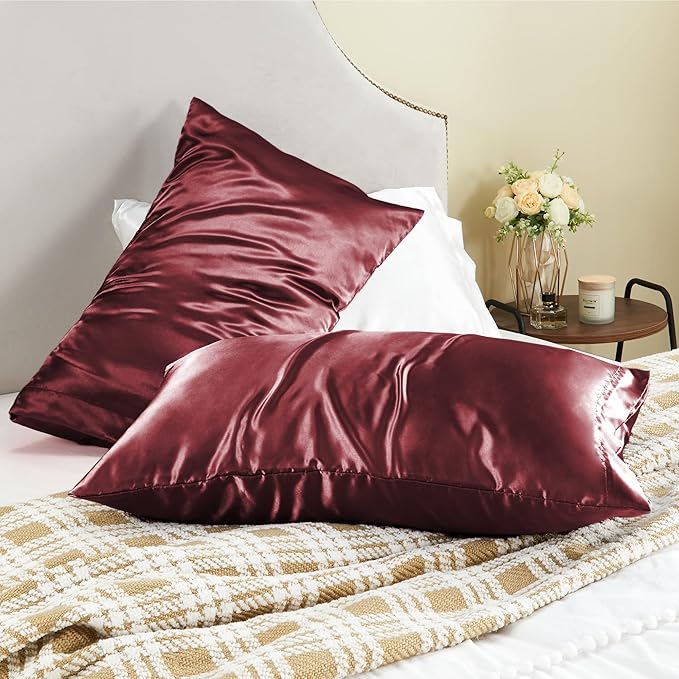 BEDELITE Satin Pillowcase for Hair and Skin, Super Soft and Cooling Similar to Silk Pillow Cases 2 Pack with Envelope Closure, Gift for Women Men(20"x26" Standard Size, Burgundy) - Bloomnest