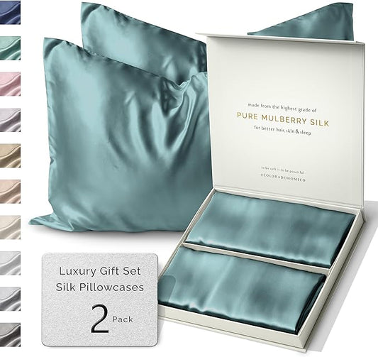 Colorado Home Co 22 Momme Real Silk Pillowcase, Mineral Blue, 2 Pack King Pillowcase, 20" x 36" - Bloomnest
