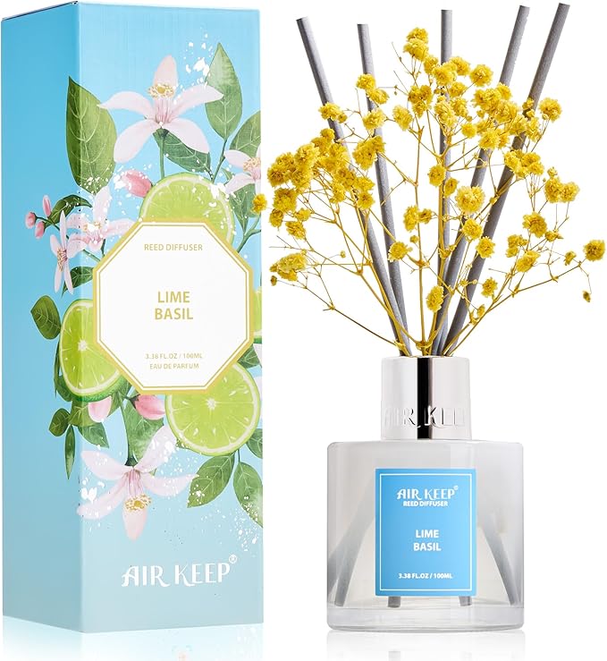 Airkeep Reed Diffuser Set,3.38 fl oz (100 ml) - Lime Basil Oil Diffusers with 8 Reed Sticks, Home Fragrance Reed Diffuser for Bathroom Shelf Decor - Bloomnest
