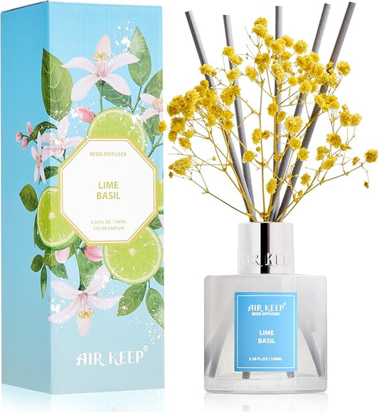 Airkeep Reed Diffuser Set,3.38 fl oz (100 ml) - Lime Basil Oil Diffusers with 8 Reed Sticks, Home Fragrance Reed Diffuser for Bathroom Shelf Decor - Bloomnest