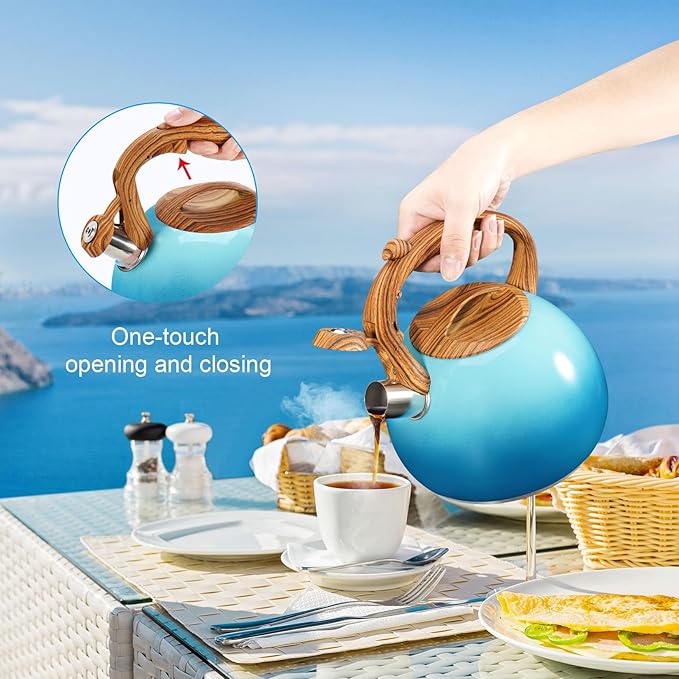 GGC Tea Kettle for Stove Top, 3.1QT/3L Whistling Tea Kettles for Boiling Water Coffee or Milk, Gradient Blue Tea Pot with Wood Parttern Handle, Stainless Steel Tea Pots for Home and Kitchen - Bloomnest