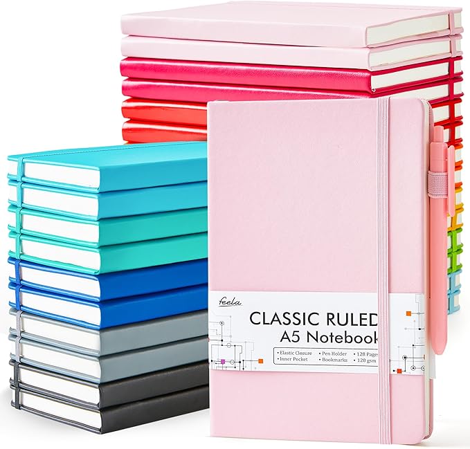 feela 24 Pack Journal Notebook Bulk for Work, Business Notebook Hardcover Lined Writing Journal with Pen Holder for Students Women Note Taking, with 24 Black Pens, 120 GSM, 5.1”x8.3”, A5, Solid Colors - Bloomnest