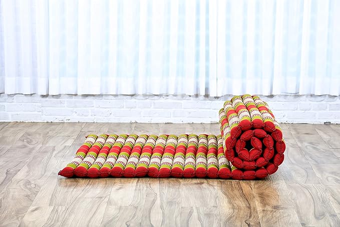 Leewadee - Kapok Roll Mat – Handcrafted Folding Sleep & Relaxation Mattress from Thailand, Ideal as Guest Bed, Camping Mat, Yoga Mat or Traditional Futon, 75 x 39 inches, Green Red - Bloomnest