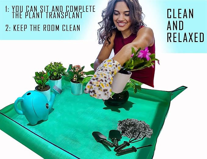 BIUWING Plant Repotting Mat,Waterproof Transplanting Mat,Foldable Indoor Succulent Potting Mat for Garden, Portable Gardening Mat for Indoor Plant Transplanting and Mess Control (39.4"*39.4" Green) - Bloomnest