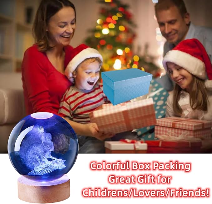 3D Large Squirrel Crystal Ball Night Light with Wooden Base, Crystal Lamp Gift for Kids Friends, 16 Color Changing with Remote Control, Laser Engraved 3.15 inch Glass Ball Lamp (Squirrel) - Bloomnest
