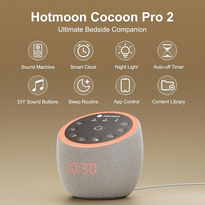Hotmoon Cocoon Pro 2 Sound Machine 388 Soothing Sounds White Noise Machine for Babies & Adults, Smart Night Light, Sleeping Timer App Control, Brown Noise Pink Noise Block Out Office Yoga, Plug-in - Bloomnest