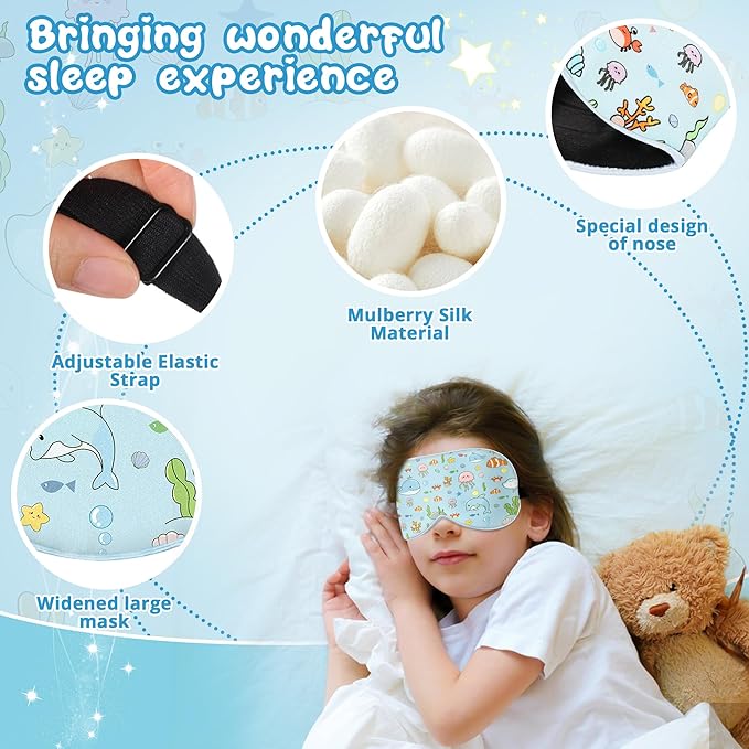 Kids Sleep Mask Eye Cover: 100% Real Natural Pure Silk Eye Mask with Adjustable Strap, Funny Blindfold Kids Eye Mask for Sleeping, Soft & Lightweight Eye Shade for Boys Girls Teens (Ocean Style) - Bloomnest
