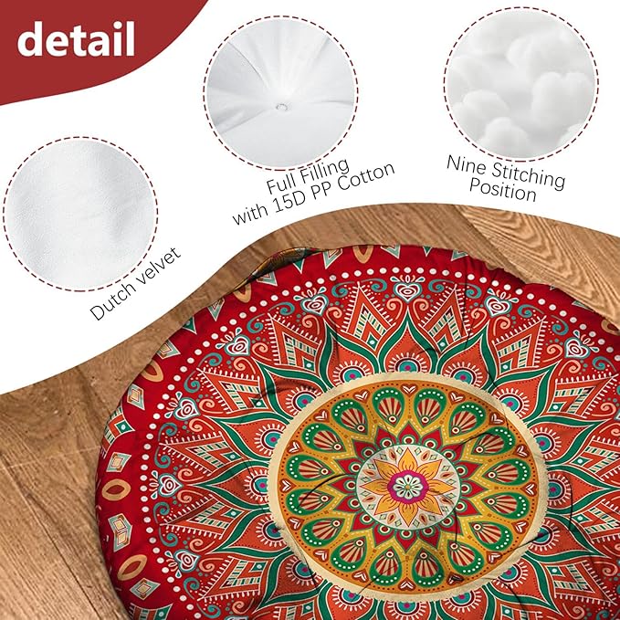 Mandala Meditation Cushion, Boho Meditation Mat, Meditation Pillows for Sitting on Floor, Cushions for Sitting in Home and Outdoor, Round Floor Pillows Cushion Seating for Yoga 22'' X 22'' - Bloomnest