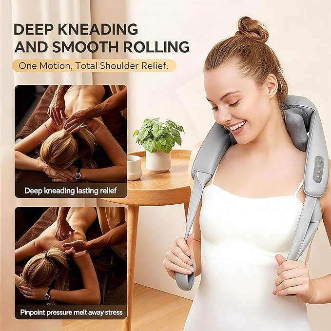 Cordless Shiatsu Neck and Shoulder Massager with Heat – 6D Kneading Massage, Deep Tissue Pain Relief for Trapezius, Rechargeable, for Mom, Wife, Her – Gifts for Birthday, Christmas