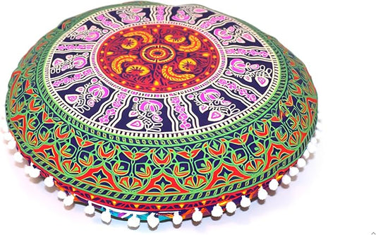 CRAFT KALA Large Round Bohemian Floor Pillow Pouf Cover Mandala Meditation Room Pillow Cover for Adults Boho Seating Poufs Cushion Cover for Kids Playroom Multi 6 Color 32" Round - Bloomnest