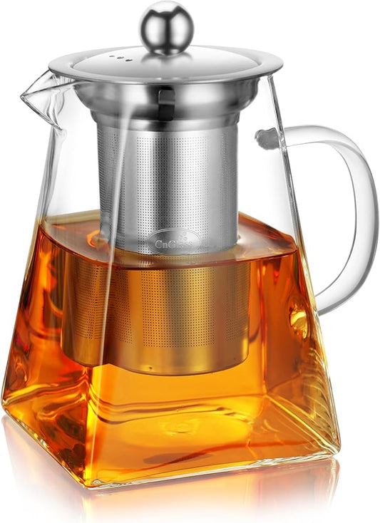 CNGLASS Glass Teapot with Infuser,31oz Clear Glass Tea Kettle with Removable Stainless Steel Strainer,Stovetop Safe Glass Teapot for Blooming and Loose Leaf Tea… - Bloomnest