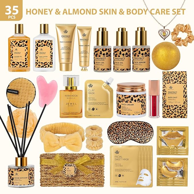 35 Pcs Valentines Day Gifts for Women, Honey & Almond Bath & Body Gift Basket, Face Skin Care Kit, Home Spa Gift Set, Self-Care Kit, Necklace, Birthday, Christmas, Mother Day, Anniversary