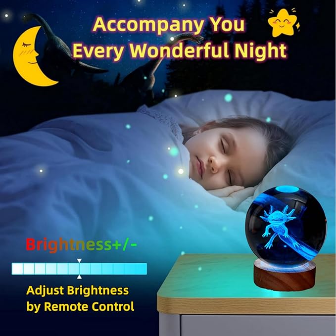 3.15 inch Axolotl Crystal Ball Lamp,3D K9 Crystal Ball Night Light with Wooden Base,16 Colors Change with Remote Control,Clear Glass Light,Birthday Gift for Friends (Axolotl) - Bloomnest