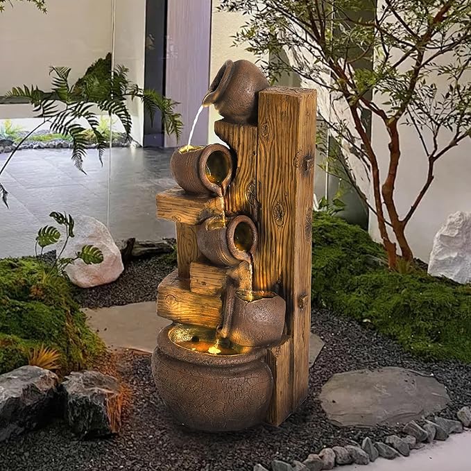 5-Tiered Garden Waterfall Fountain Outdoor - 40''H Water Fountains and Waterfalls, Large Outdoor/Indoor Floor Standing Resin Water Fountain with LED Light for Patio, Garden and Home (Brown) - Bloomnest