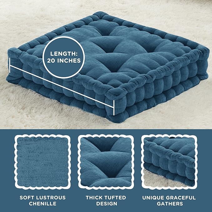 Codi INNA Floor Pillow Set of 2, Cute Cushions Sitting for Adults, Square Tufted Chenille Pillows Seat for Meditation, Living Room, Reading Nook, Navy 2 Pack