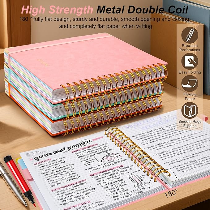 Hardcover Spiral Notebook 8"x10" Journal Notebook with Tabs and Removable Dividers 300 Pages 5 Subject Notebook College Ruled, Faux Leather Spiral Bound Notebook for Women School Work (Pink) - Bloomnest