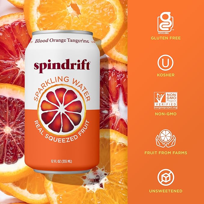 Spindrift Sparkling Water, Blood Orange Tangerine Flavored, Made with Real Squeezed Fruit, 12 Fl Oz Cans, Pack of 24 (Only 12 Calories per Can) - Bloomnest