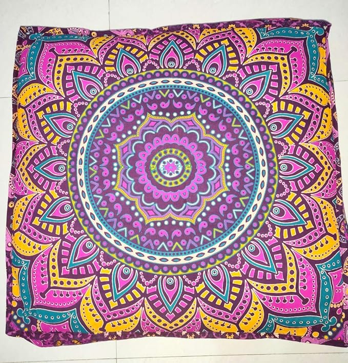 INDIAN CRAFT CASTLE New Pink Ombre 24" Mandala Barmeri Large Floor Pillow Cover Cushion Meditation Seating Ottoman Throw Cover Hippie Decorative Zipped Bohemian Pouf Ottoman Pom Pom Cases 24" Square - Bloomnest