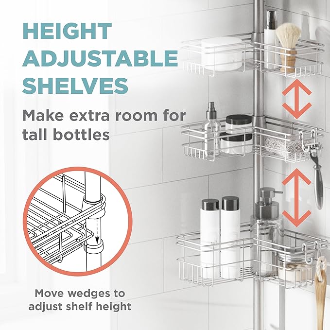 Zenna Home Tension Pole Shower Caddy Corner Organizer, Adjustable Standing Shower Caddy with 4 L-shaped Baskets and Hooks, Rust Resistant Bathroom Tension Rod Organizer, 60 to 97 Inch, Satin Nickel - Bloomnest