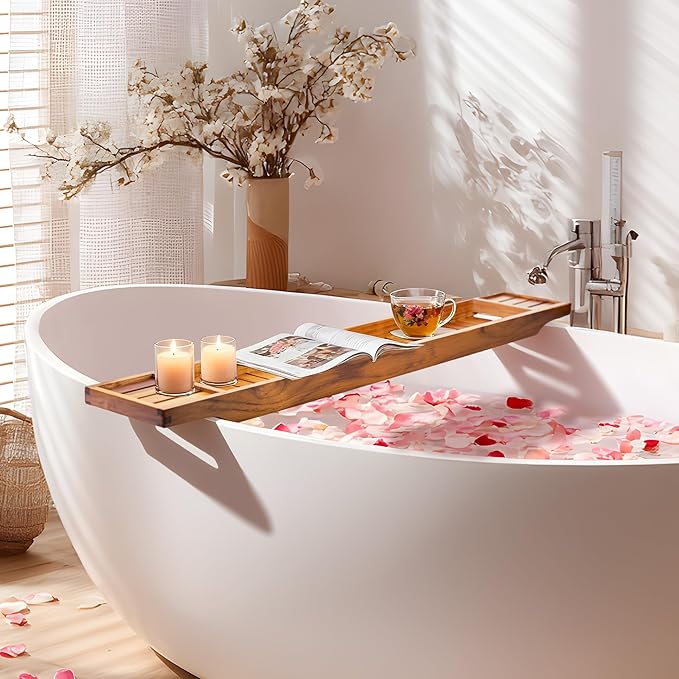 VaeFae Teak Bathtub Tray, Wooden Bath Caddy for Bathtub, Bath Tub Wood Table for Tub, 39.8" x 6" x 1.8" - Bloomnest
