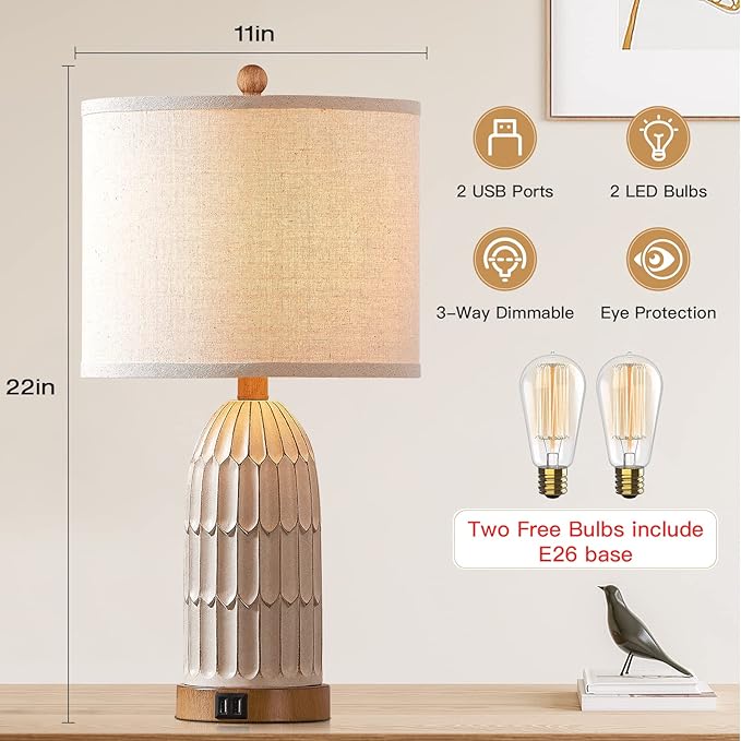 Boho Table Lamps Set of 2, Farmhouse 3-Way Dimmable Touch Nightstand Lamp with 2 USB Charging Ports, White Vintage Bedside Lamp for Bedroom Living Room End Table (Bulbs Included) - Bloomnest