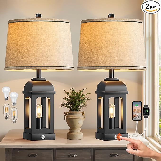 QiMH Table Lamp for Living Room, Farmhouse Lamps Set of 2 with USB A+C and Nightlight, 26" Rustic Bedside Lamps with 3-Way Dimmable Touch Control, Nightstand Lamp for Bedroom Decor, Black - Bloomnest