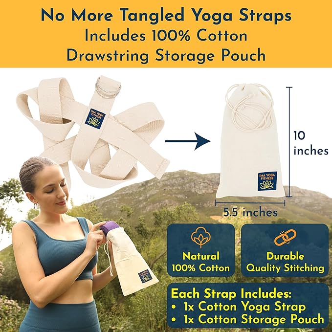Adaptive Yoga Strap, Stretching Strap, 2 Inches Wide, 100% Naturally Soft Cotton, Steel D-Rings, Includes Natural Cotton Drawstring Storage Pouch and Instructional E-Book - Bloomnest