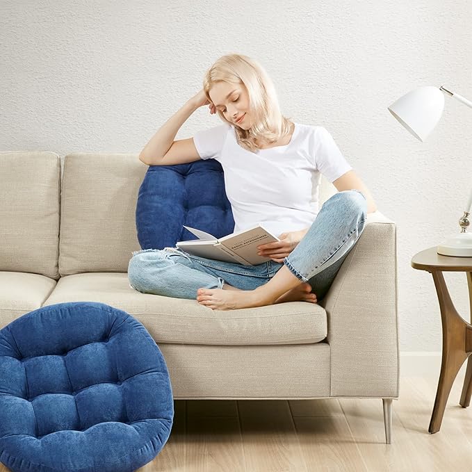 Degrees of Comfort Floor Cushion Pillow, Round Large Pillows Seating for Adults, Tufted Corduroy Floor Cushions for Living Room Tatami, Navy Blue, 22 Inch Single, 1 Count (Pack of 1) - Bloomnest