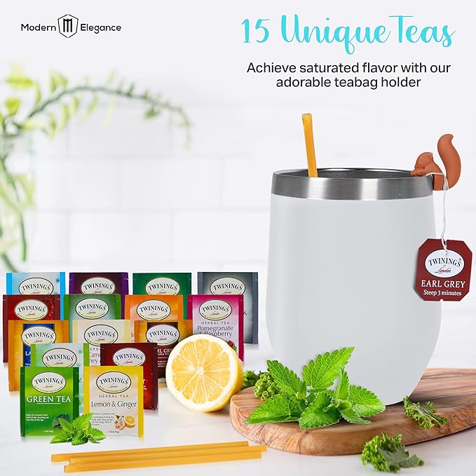 Tea Gifts for Women – Sampler Gift Basket with 15 Unique Blends, Honey Sticks, Stainless Tumbler & Gift-Ready Box (White) - Bloomnest