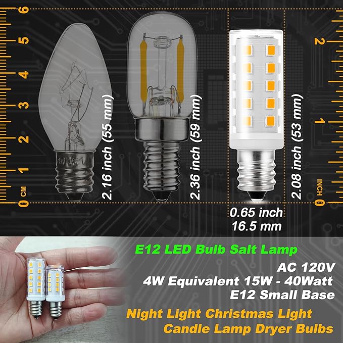 Dimmable E12 LED Bulb Himalayan Salt Lamp 4W, Equivalent 15W 40W, 400lm 2700K Warm White AC120V S6 C7 E12 Candelabra Base for Night Light Chandeliers Christmas Light Candle Lamp Dryer Bulbs, 4 Pack - Bloomnest