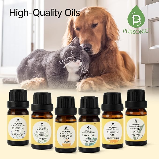 Pursonic Pet-Friendly Aromatherapy Oil Blends, 6-Piece Set with Eucalyptus, Sweet Orange, Peppermint, Clary Sage, Tea Tree, Ginger - Vet-Approved, Pet-Safe Aromatherapy, 10 ML - Bloomnest