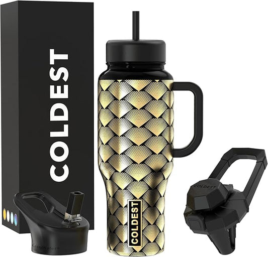 Coldest Tumbler with Handle and Straw - 100% Leak Proof Insulated Tumbler with Lid and Straw (3 Lids) - Stainless Steel Tumblers for Women & Men - Cup Holder Friendly Base, 36 oz (Gold Dragon) - Bloomnest