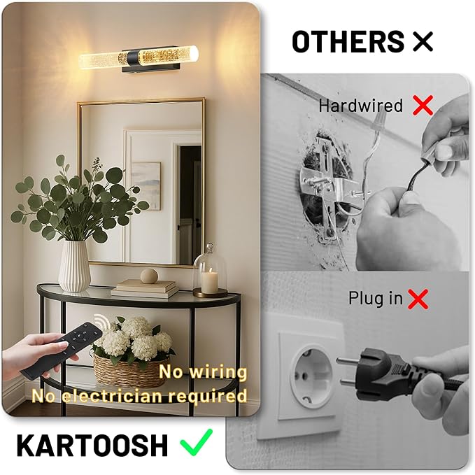 Black Battery Operated Wall Sconce Set of Two,Rechargeable Wireless Wall Lights with Remote Control,350°Rotate,3000K/4000K/6000K,Dimmable,Timer,for Bedroom,Living Room,Hallway,15.3 Inch - Bloomnest