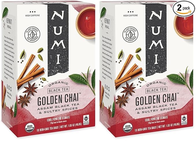 Numi Organic Golden Chai Tea, 18 Tea Bags, Assam Black Tea, Cardamom, Ginger & Anise (Packaging May Vary) (Pack of 2) - Bloomnest