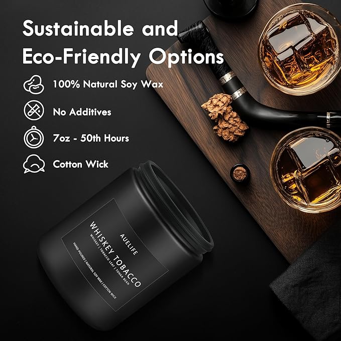 Whiskey Tobacco Candle | Masculine Candles for Men, Soy Candles for Home Scented, Manly Gifts Tobacco Candle for Home - Gifts for Men, 7oz Black Jar - Bloomnest