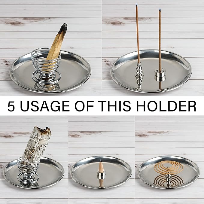 ZenBless 5 in 1 Incense Burner Holder, Palo Santo Holder, Sage Holder,Incense Sticks/Coil/Cones, 5.5 inches Brass Ash Catcher for Meditation Yoga Room(Silver) ZenBless