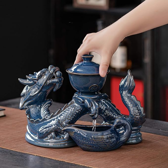 Ceramic Teapot with Infuser Semi Automatic Tea Set Magic Teapot with 8 cups Gradient Color (Blue Dragon- A) - Bloomnest