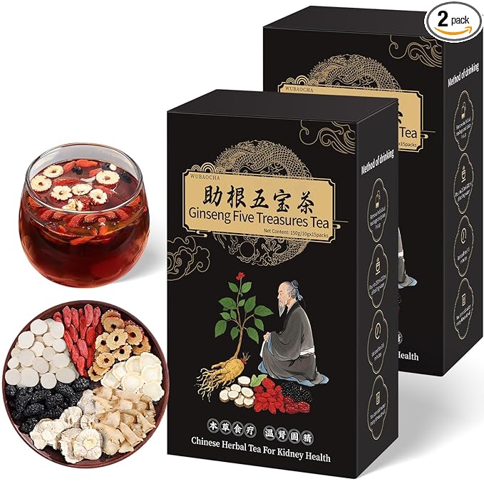 Ginseng Five Treasures Kidney Tea, Chinese Ginseng Six Treasure Tea Cleanse Detox TeaBags for Women and Men's Kidney Health, 7 Precious Ingredients Formula (30 Bags/2 Boxes) - Bloomnest