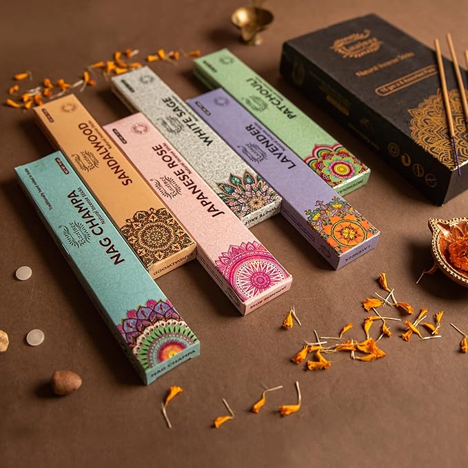 Raajsee Natural Incense Sticks,6 Pack Mixed Scents Gift Pack 15 gm Each (90 gm Total), Insense Sticks Variety Pack, 100% Organic Non Toxic Natural - Hand Rolled Free from Chemicals RAAJSEE