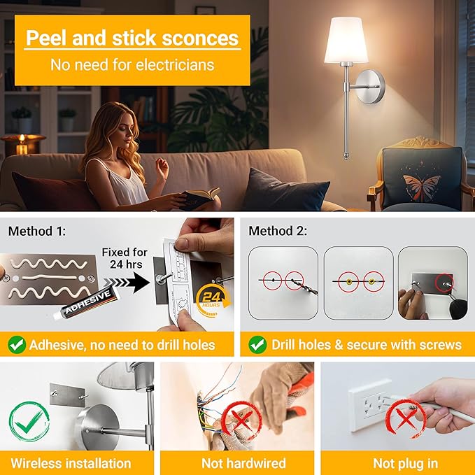 Battery Operated Wall Sconce: Peel and Stick Adhesives Stick On Non Drill Wall Light, Rechargeable Wireless Wall Lamp with Battery Corn Bulb for Bedroom Wall Decor (Nickel,20inch) - Bloomnest