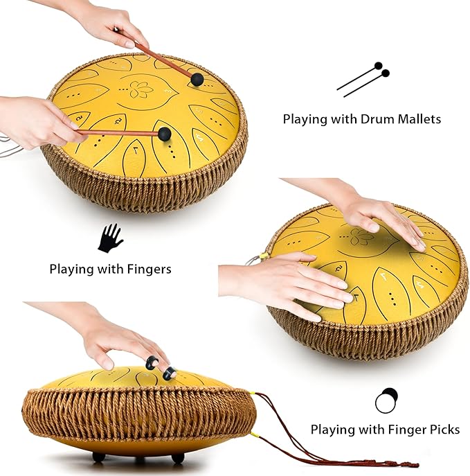 Steel Tongue Drum 13 Inches 15 Notes, Hand Pan Drums for Adults 440hz, C Major Handpan Musical Instrument with Song Book, Mallets and Carry Bag, Yellow - Bloomnest