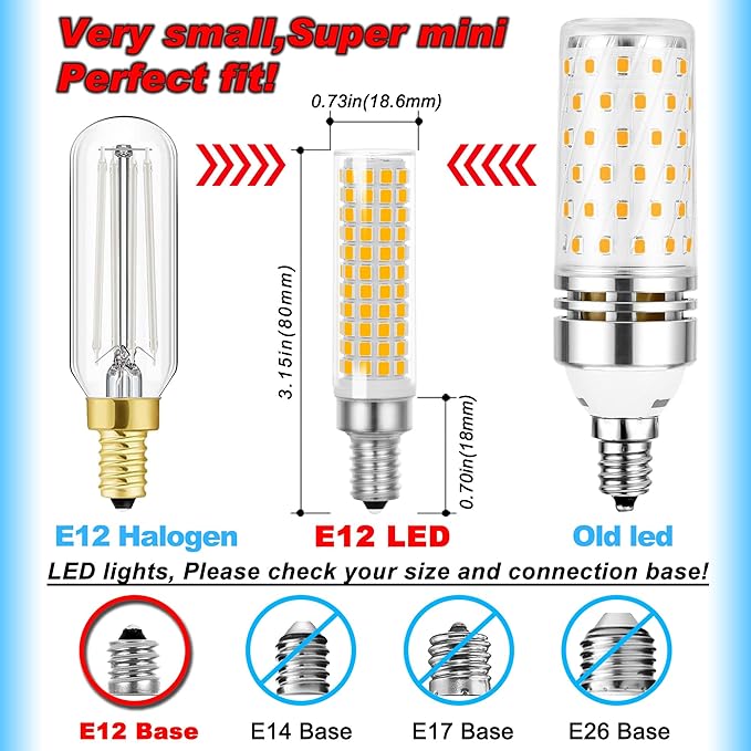 E12 Dimmable 100 Watt LED Candelabra Bulbs Equivalent C7,2700K Warm White,1000 lm T6 E12 12W LED Candle Bulbs for Ceiling Fan Chandelier Pendant Lighting Salt Lamp,Non-Flicker,2 Pack - Bloomnest