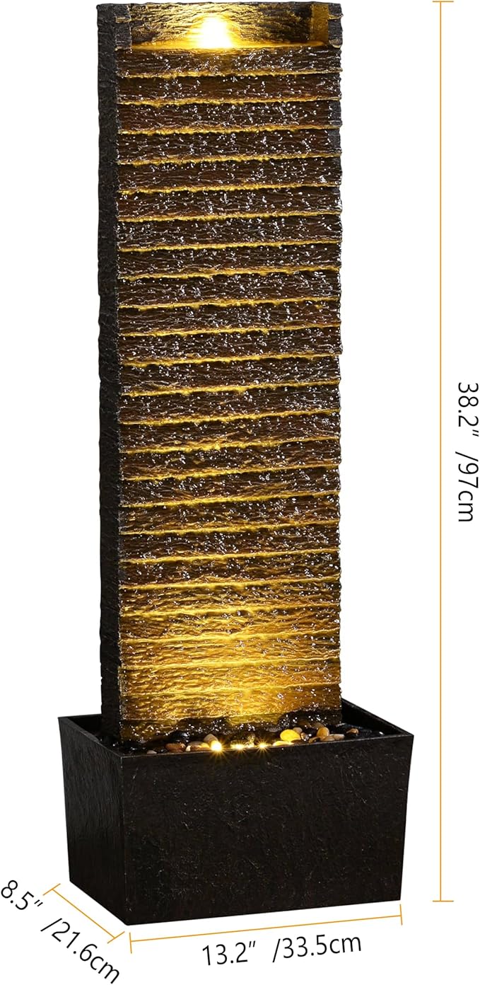 Indoor/Outdoor Water Fountain with LED Lights – Vintage Rock Design and Relaxing Waterfall Feature for Home, Garden, or Office (Straight Slate Stone)