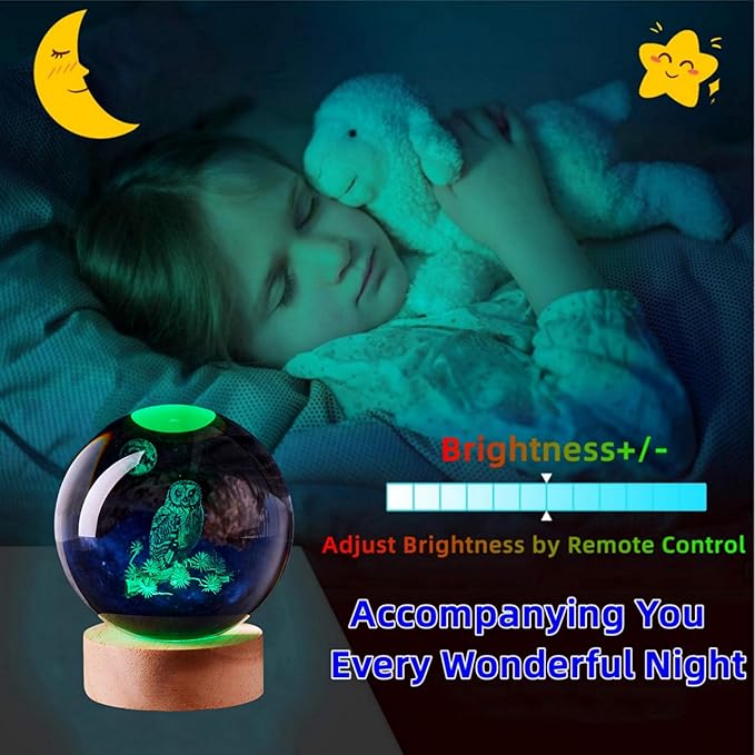 3D Large Owl Crystal Ball Night Light with Wooden Base, Owls Crystal Lamp Gift for Kids Wife Friends, 16 Color Changing with Remote Control, Laser Engraved 3.15 inch Glass Ball Lamp (Owl) - Bloomnest