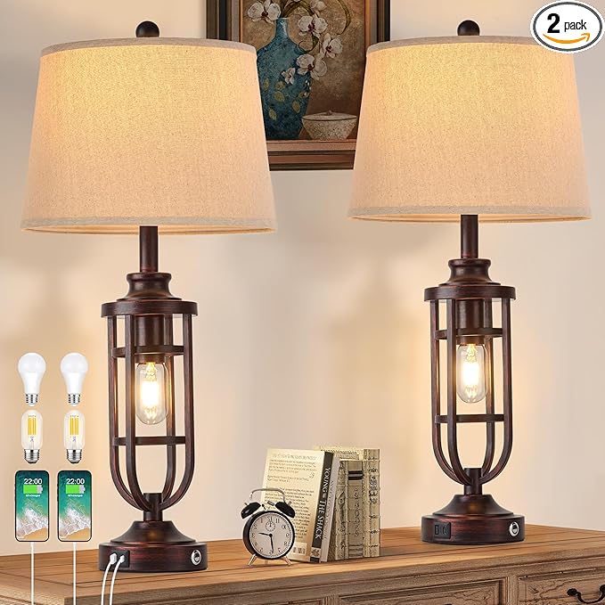 28" Table Lamps for Living Room Set of 2, Farmhouse Bedroom Lamps for Nightstand with USB A+C, Rustic Bedside Lamps for End Tables, Bulbs Included - Bloomnest