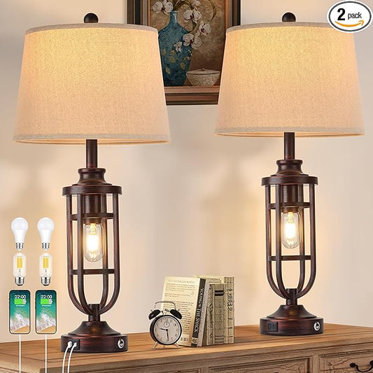 28" Table Lamps for Living Room Set of 2, Farmhouse Bedroom Lamps for Nightstand with USB A+C, Rustic Bedside Lamps for End Tables, Bulbs Included - Bloomnest