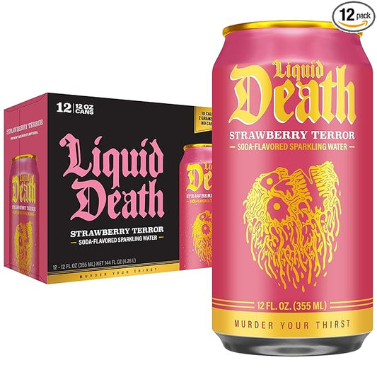 Liquid Death Soda-Flavored Sparkling Water - Strawberry Terror, Less Sugar*, Huge Flavor, No Caffeine, No Artificial Sweeteners, 12 Fl Oz (Pack of 12) - Bloomnest