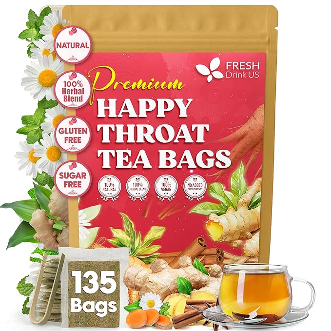 Premium Happy Throat Herbal Tea – 135 Bags Of Supper Tea Blend: Marshmallow Root, Slippery Elm & Ginger – Dry & Sore Throat Relief – Caffeine-Free, No Honey, No Citrus – No Sugar - Bloomnest